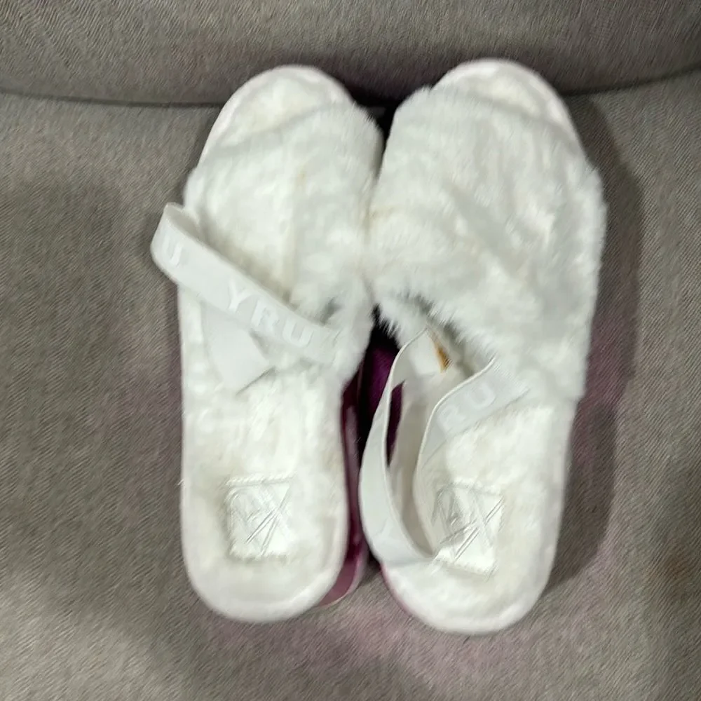 YRU Dolls Kill Qozii Faux White Fur Platform Cloud Pink Iridescent Sandals